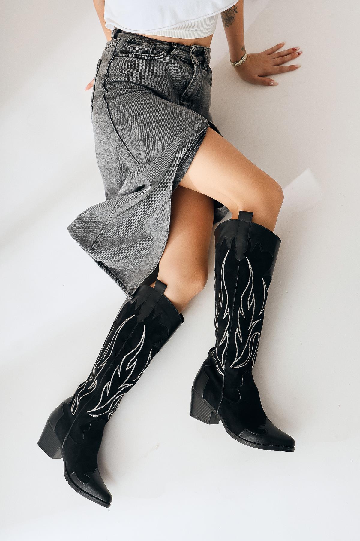 Bahar – Black Suede Embroidered Leather-Detail Heeled Western Knee-High Boot (Women)