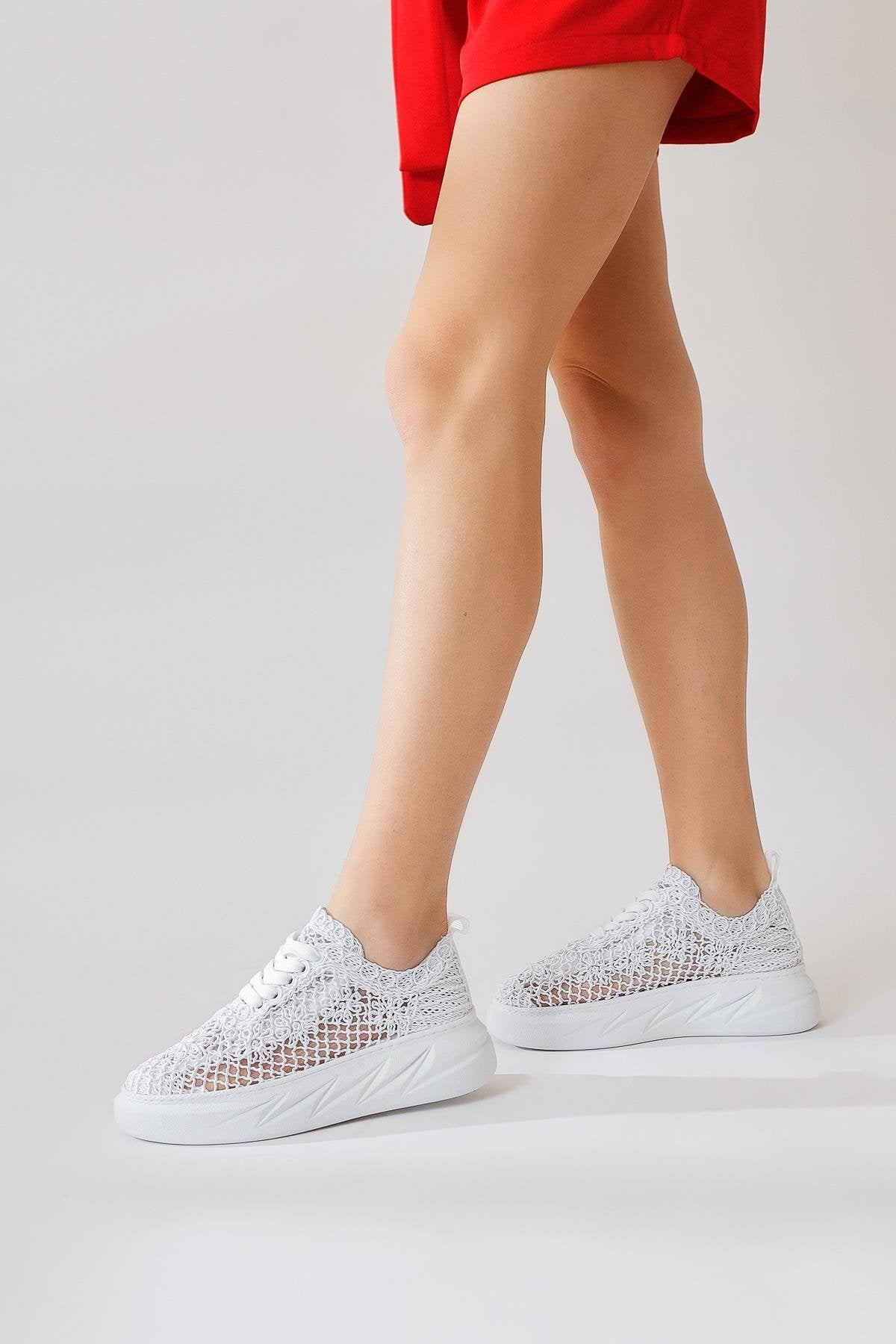 Anete White Knit Floral Embroidered Lace-Up Sneakers