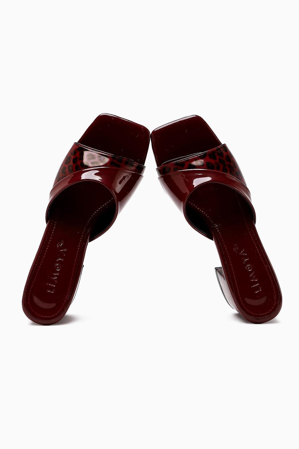 Morena Claret Red Patent Leather Leopard Detailed Short Heeled Women's Slippers