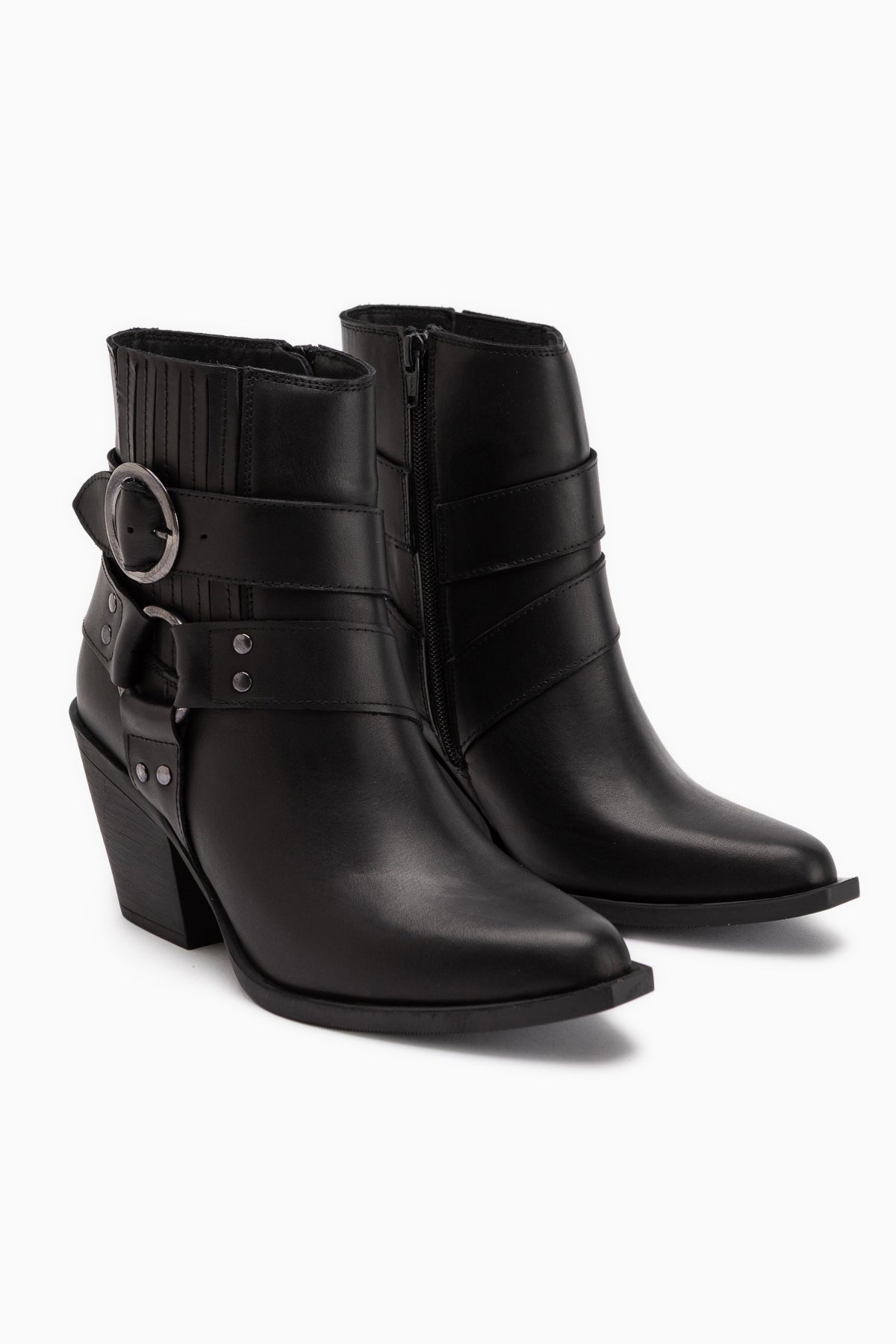 Yuri Echtes Leder Schwarz Doppel Schnalle Dick Absatz Damen Cowboy Stiefel