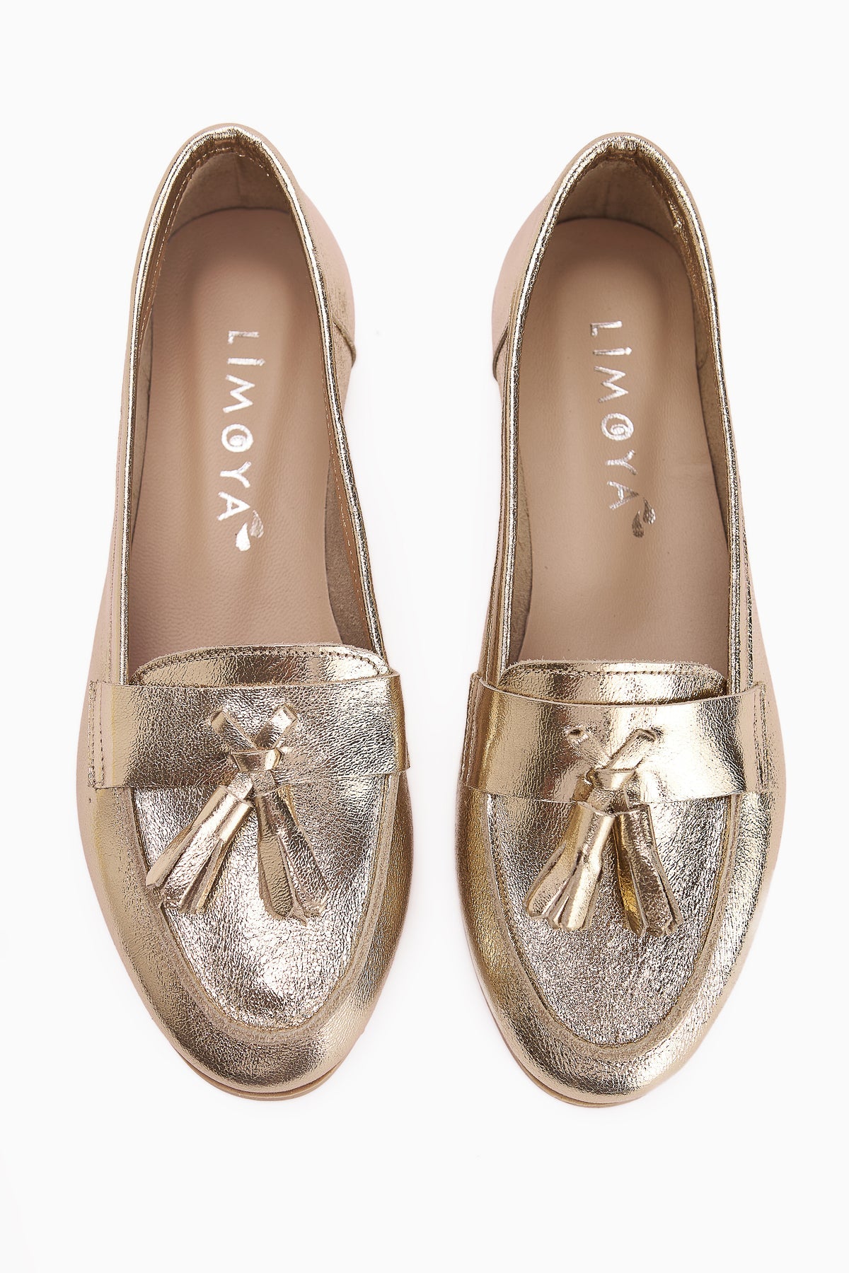Doris Genuine Leather Gold Metallic Tasseled Women's Loafer Shoe