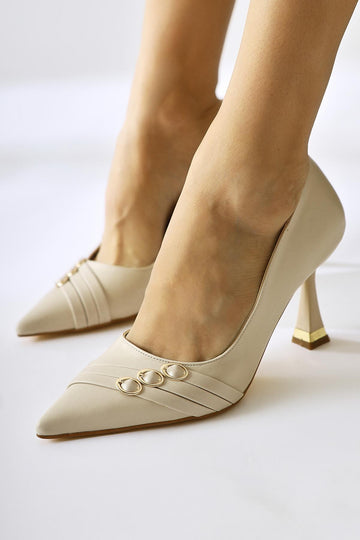 Lavina Beige Strappy Gold Heel Detail Pointed Toe Stiletto