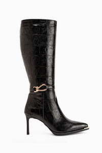 Lovis Black Crocodile Pattern Buckle Detailed Women’s Boots