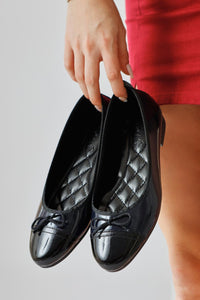 Sobhie Navy Blue Patent Leather Black Toe Bow Detailed Ballerinas