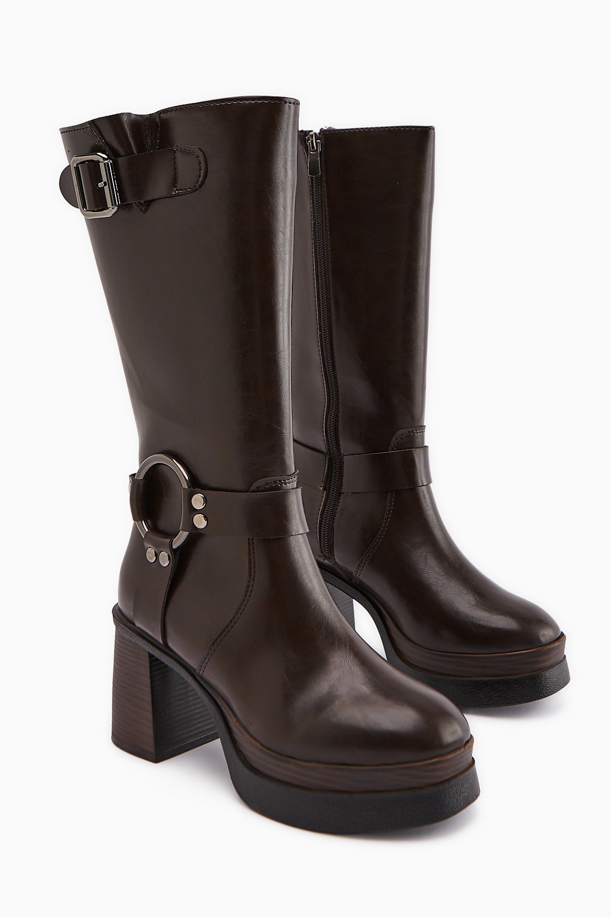 Beris Coffee Buckle Detailed Platform Heeled Women's Boot