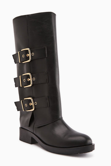 Adelina Black Leather Belted Women's Biker Boot