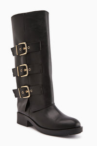 Adelina Black Leather Belted Women's Biker Boot