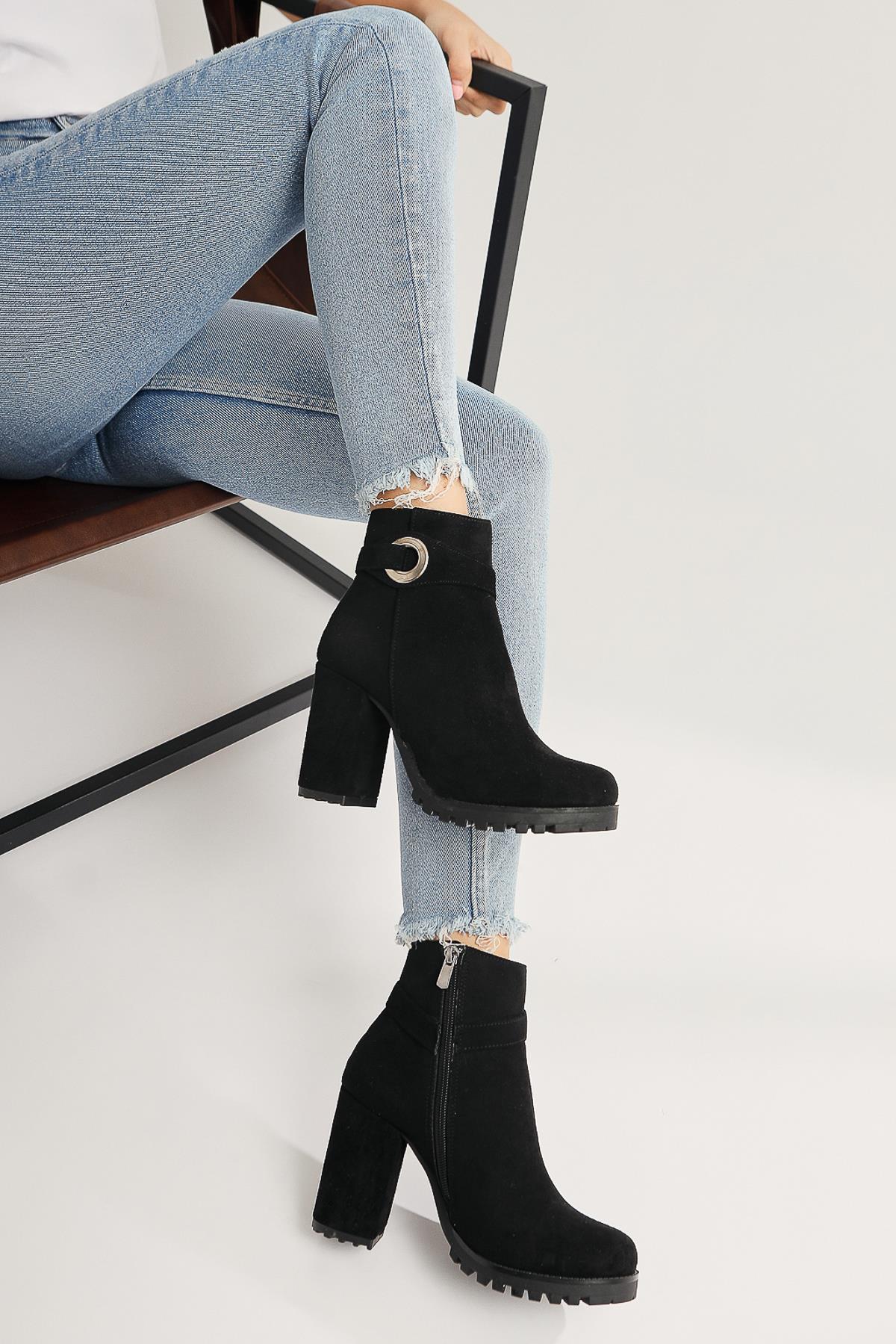 Destina Black Suede Oval Toe Ankle Accessory Heeled Boots
