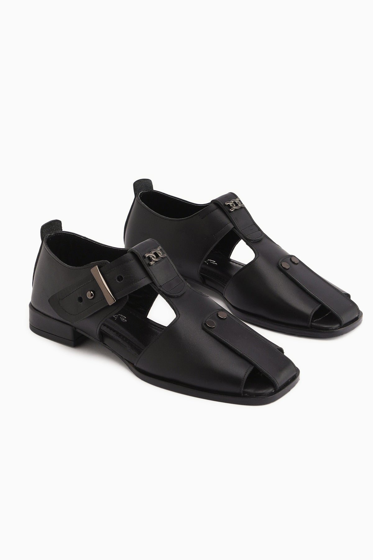 Veronica Hakiki Deri Siyah Kemerli Kadın Sandalet