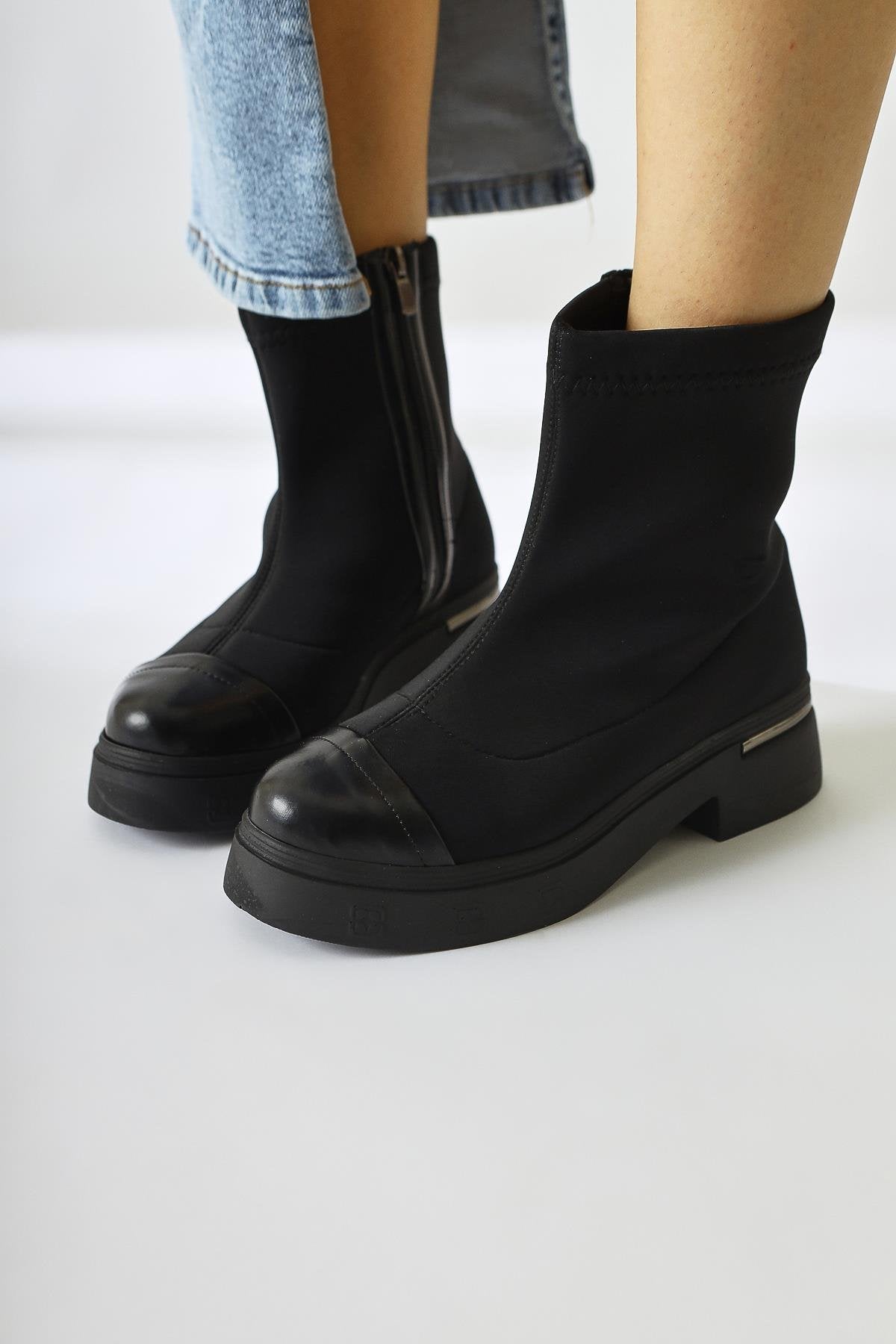 Kaiza – Black Patent-Detail Scuba Fabric Boot (Women)