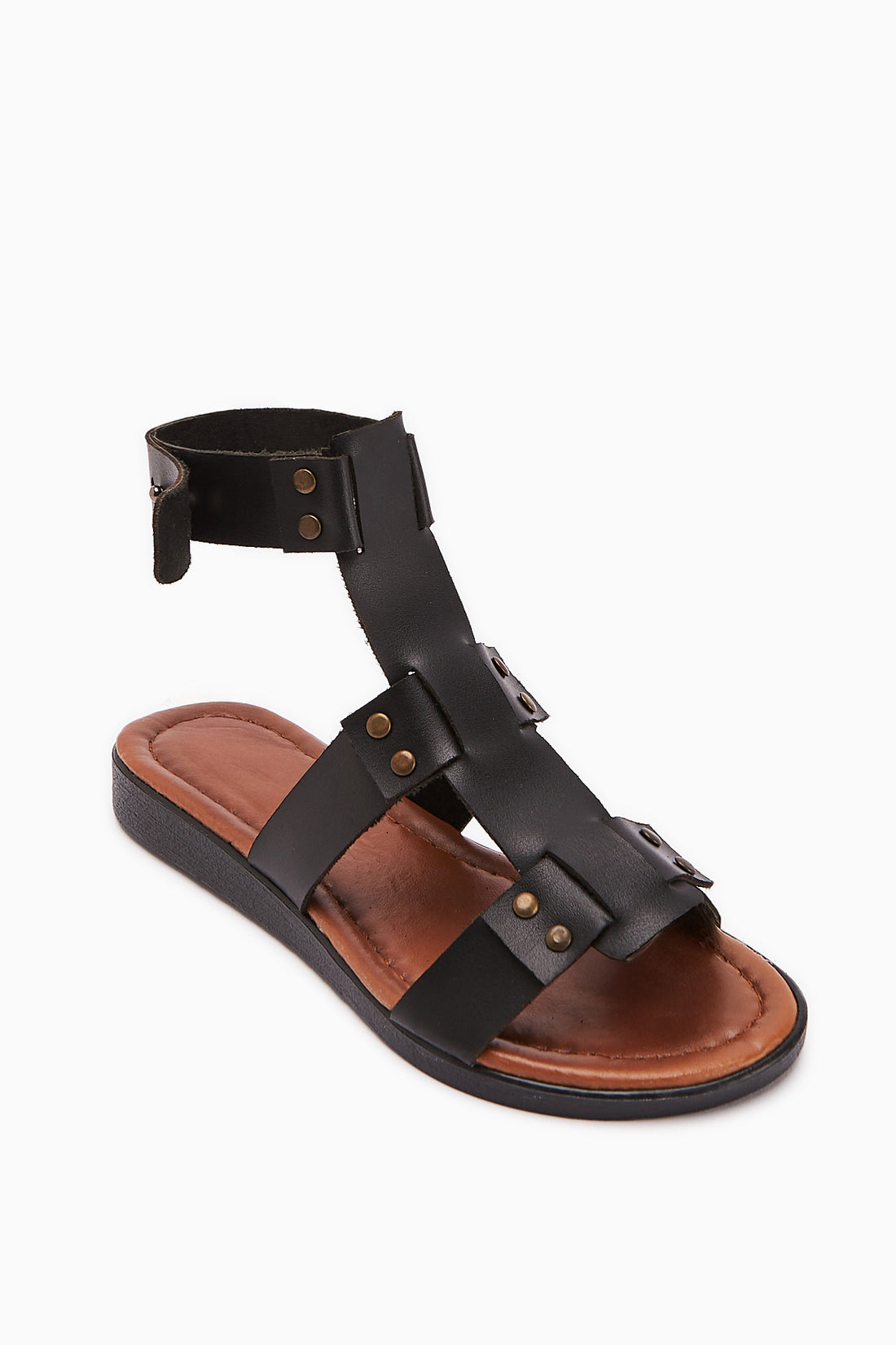 Echtes Leder Rayen Schwarz Drei-Riemen Nieten Detail Damen Sandale