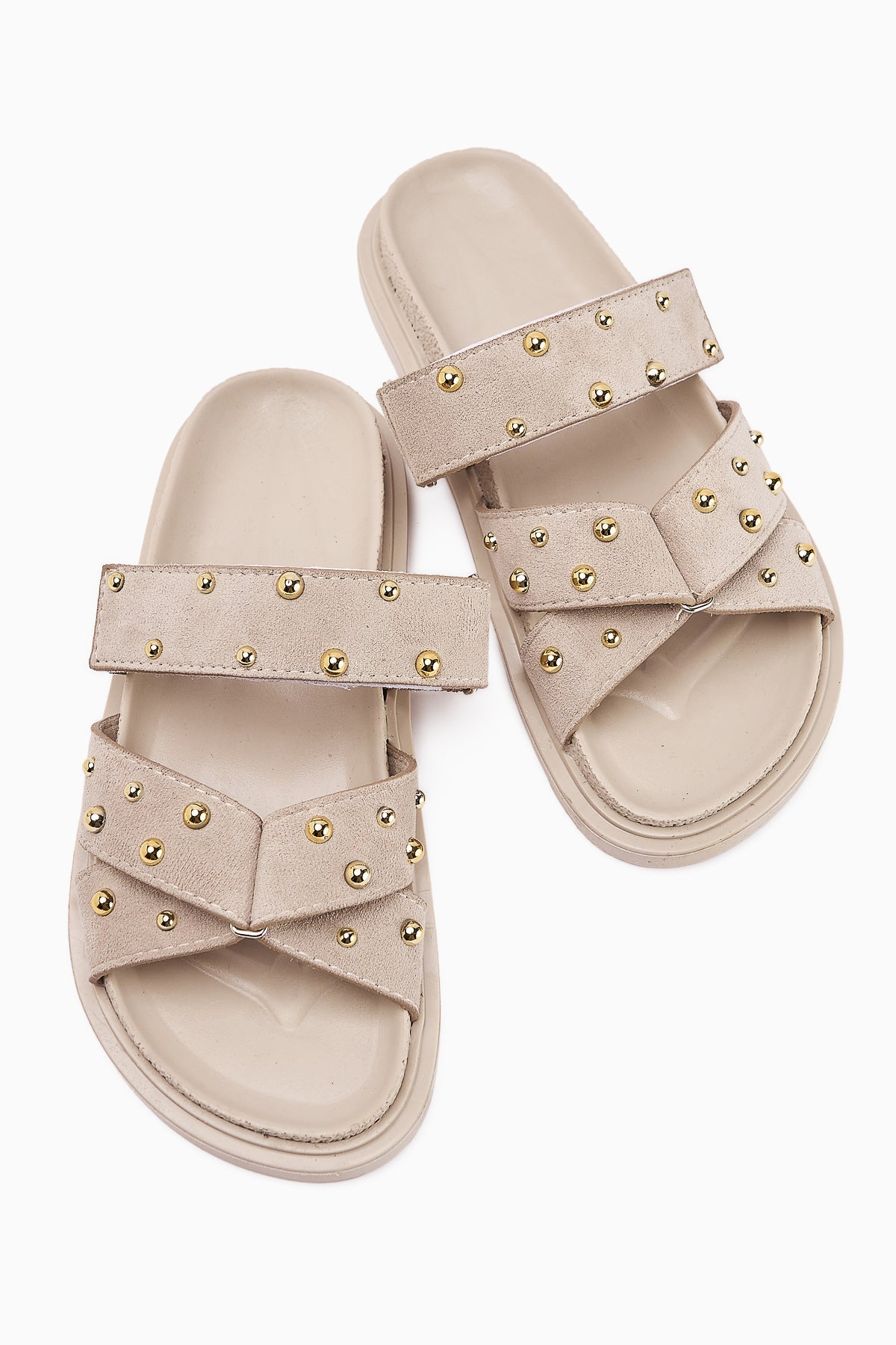 Mino Beige Cross-Strap Studded Women's Slippers