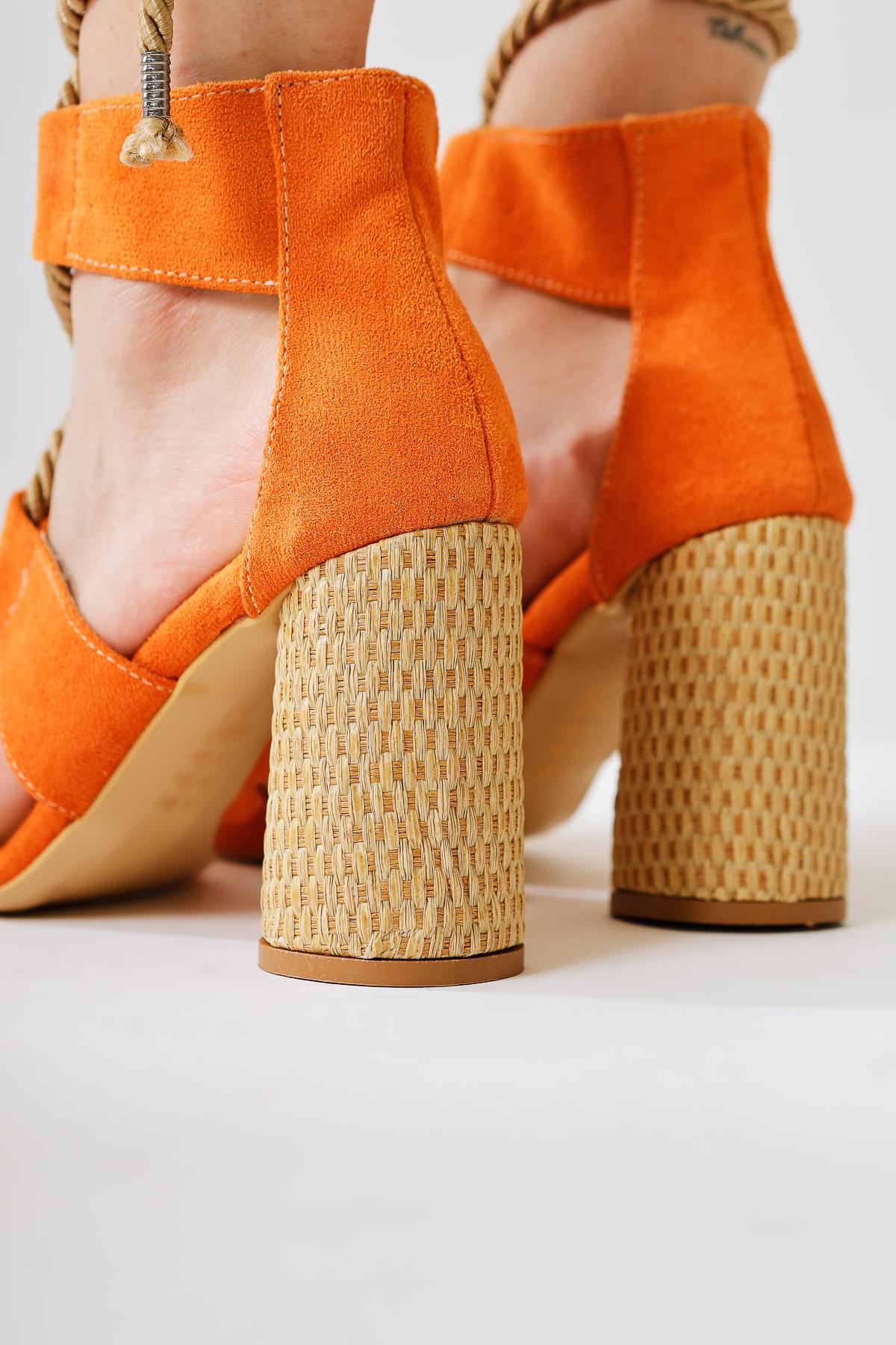 Britty Orange Suede Thick Strap Rope Tie Heeled Sandals