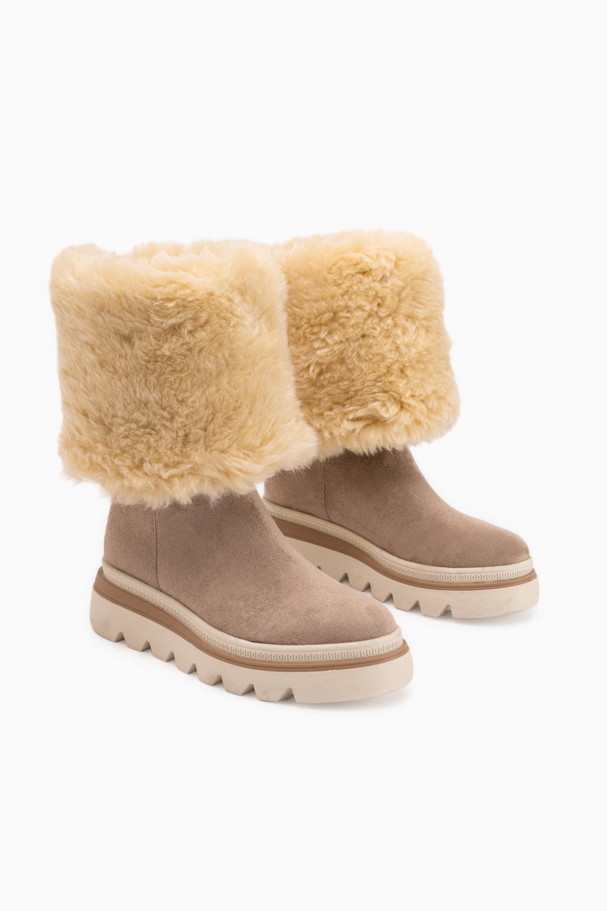 Edna Beige Wildleder Pelz Detail Damen Stiefel