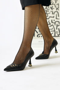Lavina Black Strappy Gold Heel Detail Pointed Toe Stiletto