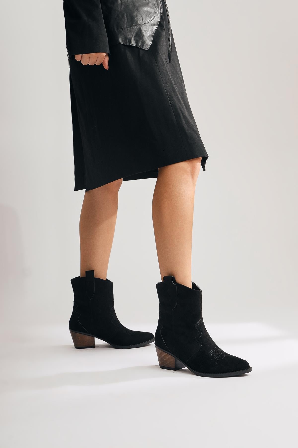 Joo Black Suede Pointed Embroidered Western Boot
