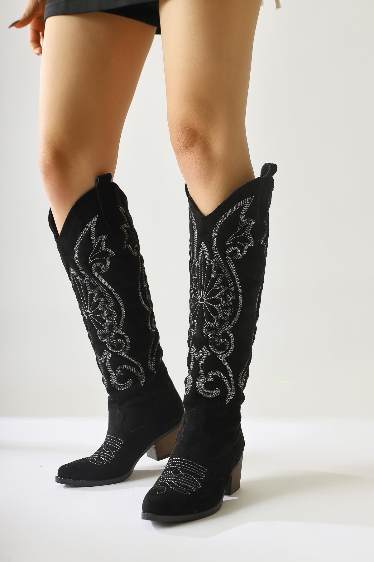 Dani Schwarzes Wildleder Bestickte Spitze Westernstiefel