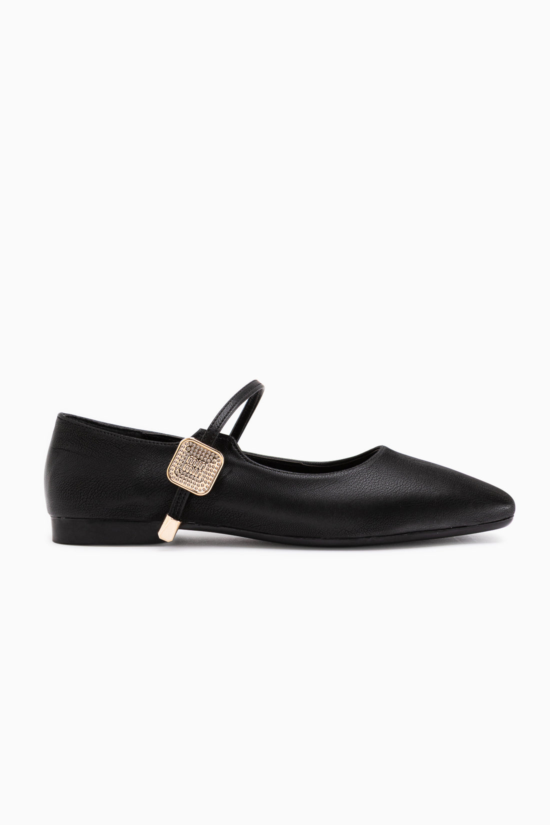 Amilia Schwarze Schnalle Detail Quadrat Zehen Damen Ballerinas