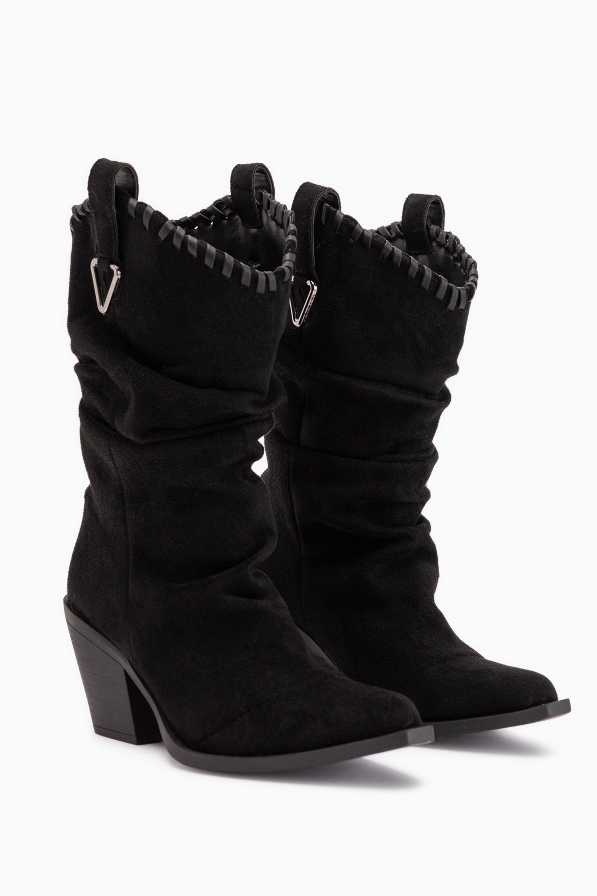 Reba Schwarze Wildleder Falten Dicke Absatz Damen Cowboy Stiefel