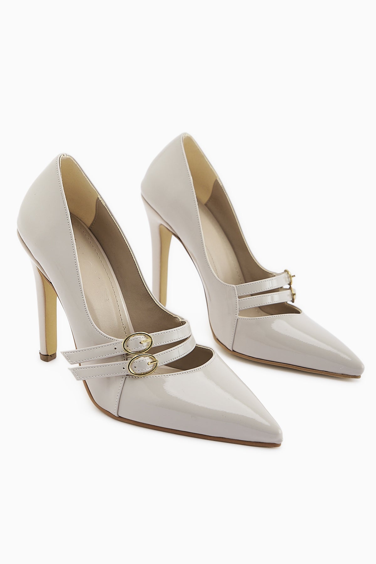 Blanka Beige Patent Leather Double Buckle Stiletto Women's Heeled Shoe