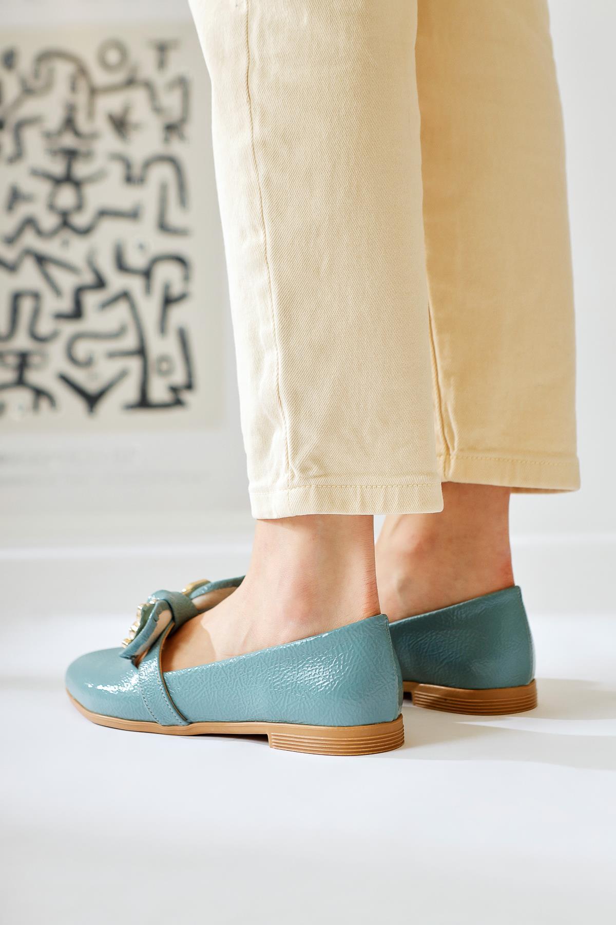 Joselin Turquoise Wrinkled Patent Leather Bow Accessory Ballerinas