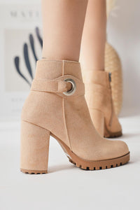 Destina Cream Suede Oval Toe Ankle Accessory Heeled Boots