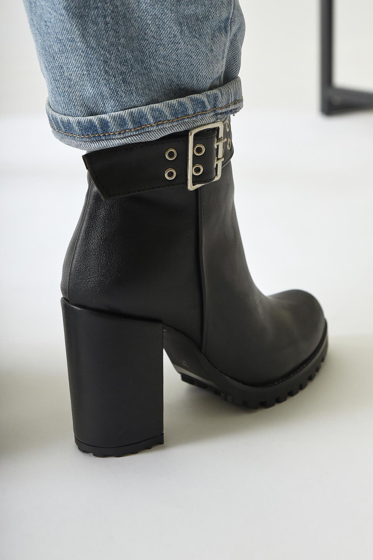 Jonny – Black Leather-Look Buckle-Detail Oval-Toe Zippered Boot (Women)
