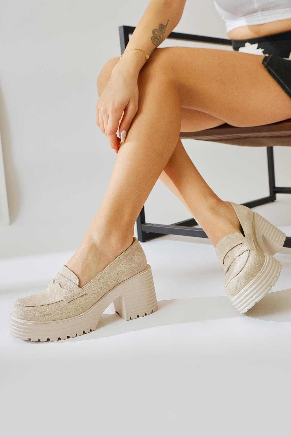 Alinne Beige Suede Thick-Soled Platform Loafers