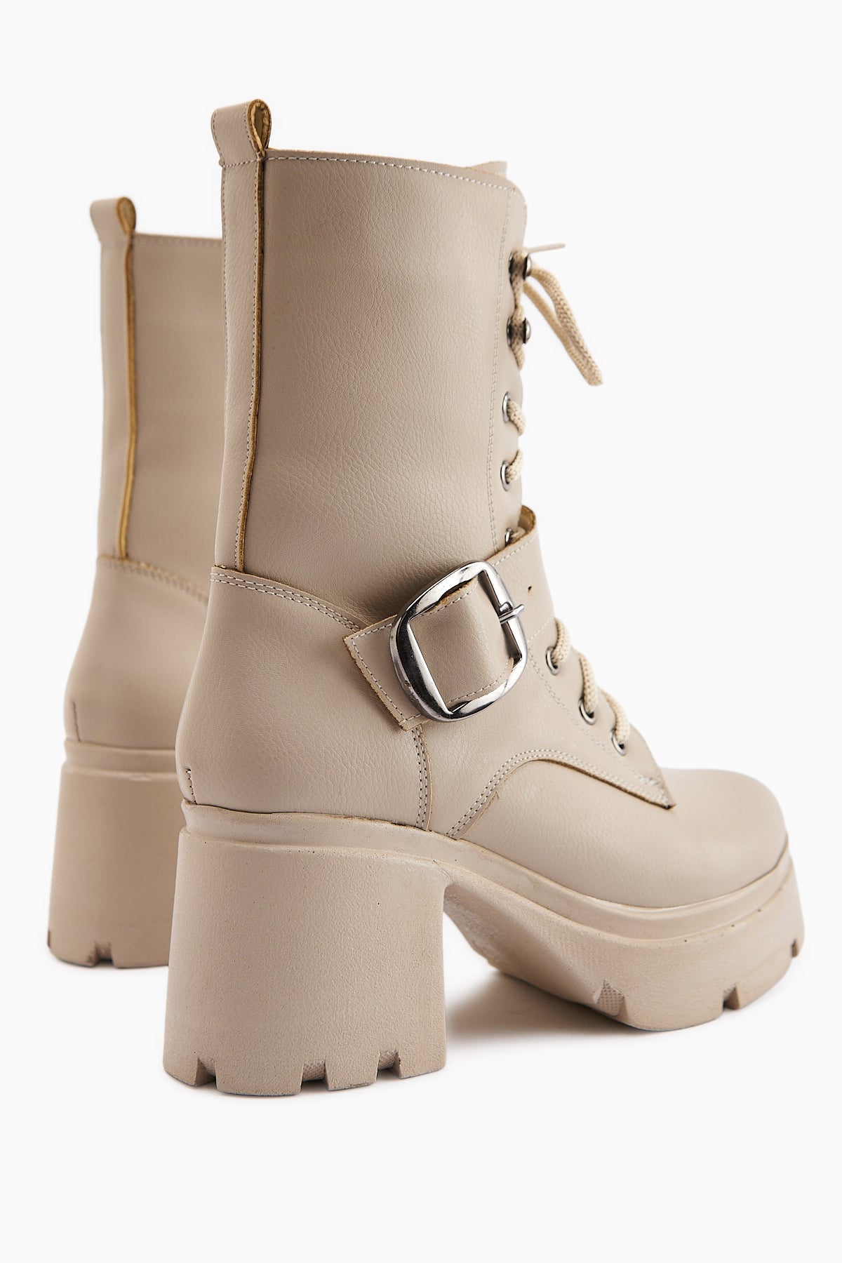 Caklin Women's Beige Platform Heeled Boot with Belt Detail