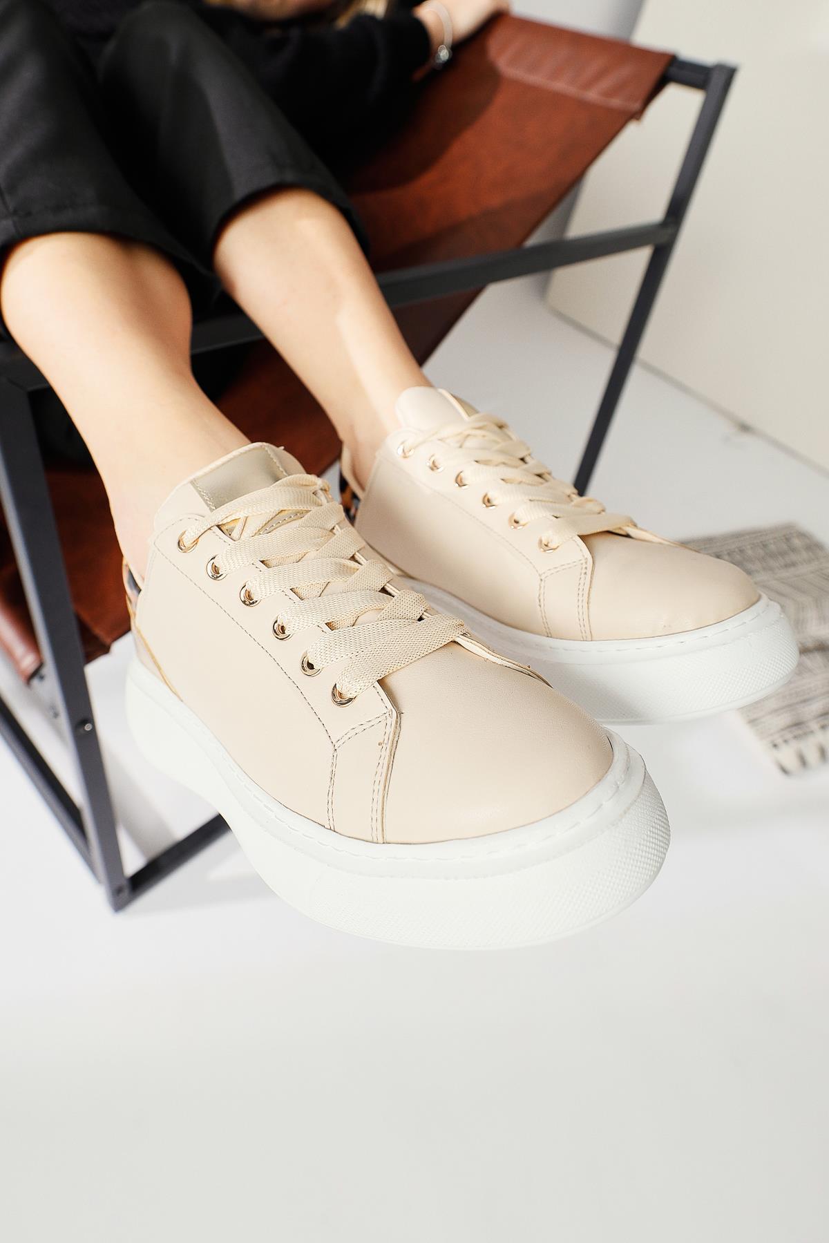 Tinka Cream Thick Soled Leopard Detail Sneakers