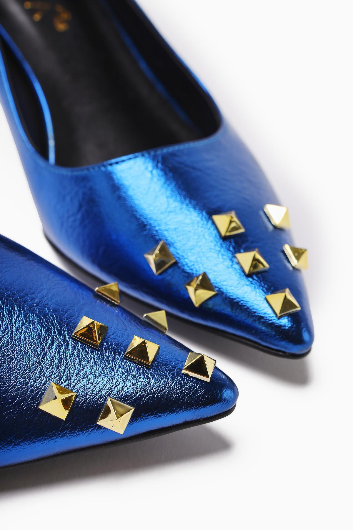 Anni Navy Blue Shiny Wrinkled Patent Leather Pyramidal Studded Heeled Women's Shoes