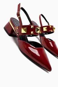 Nicoline Burgundy Patent Pointed Toe Pyramid Studded Women’s Heeled Shoes