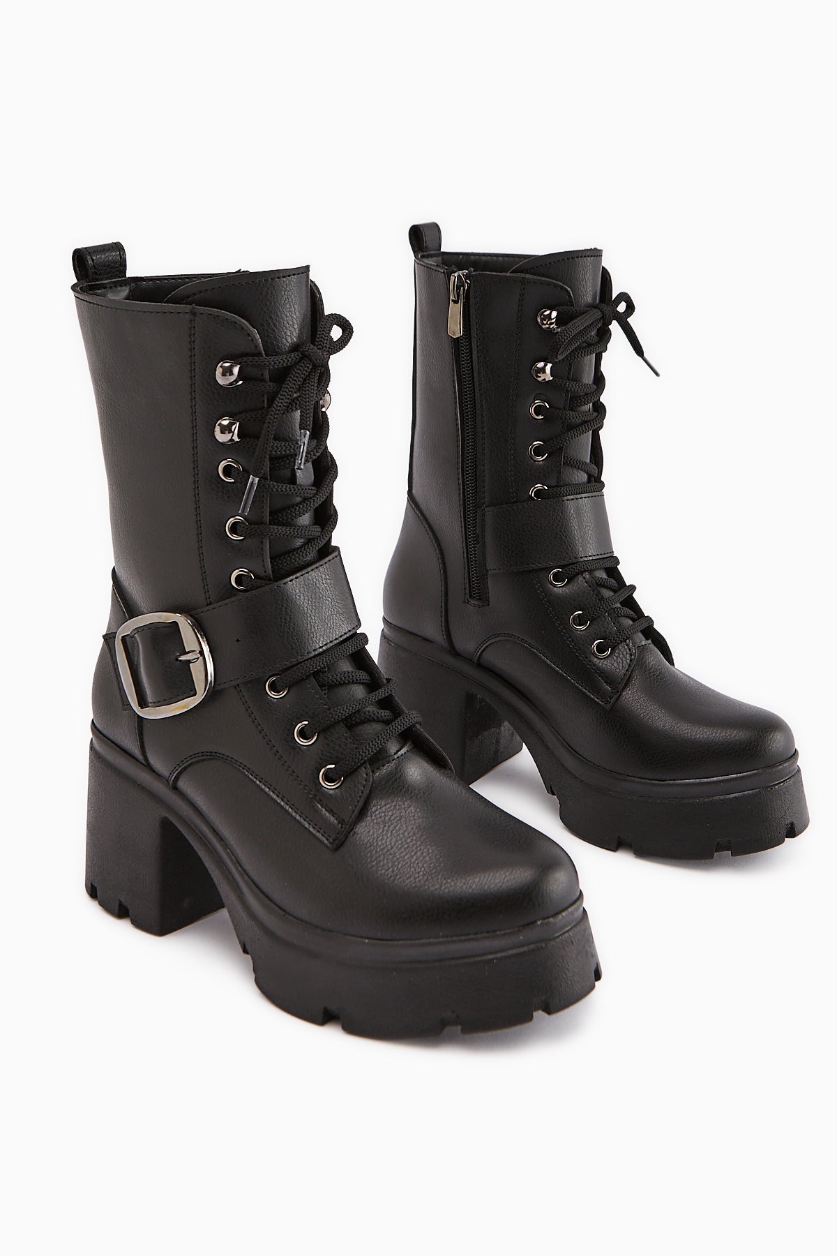 Caklin Women's Black Platform Heeled Boot with Belt Detail