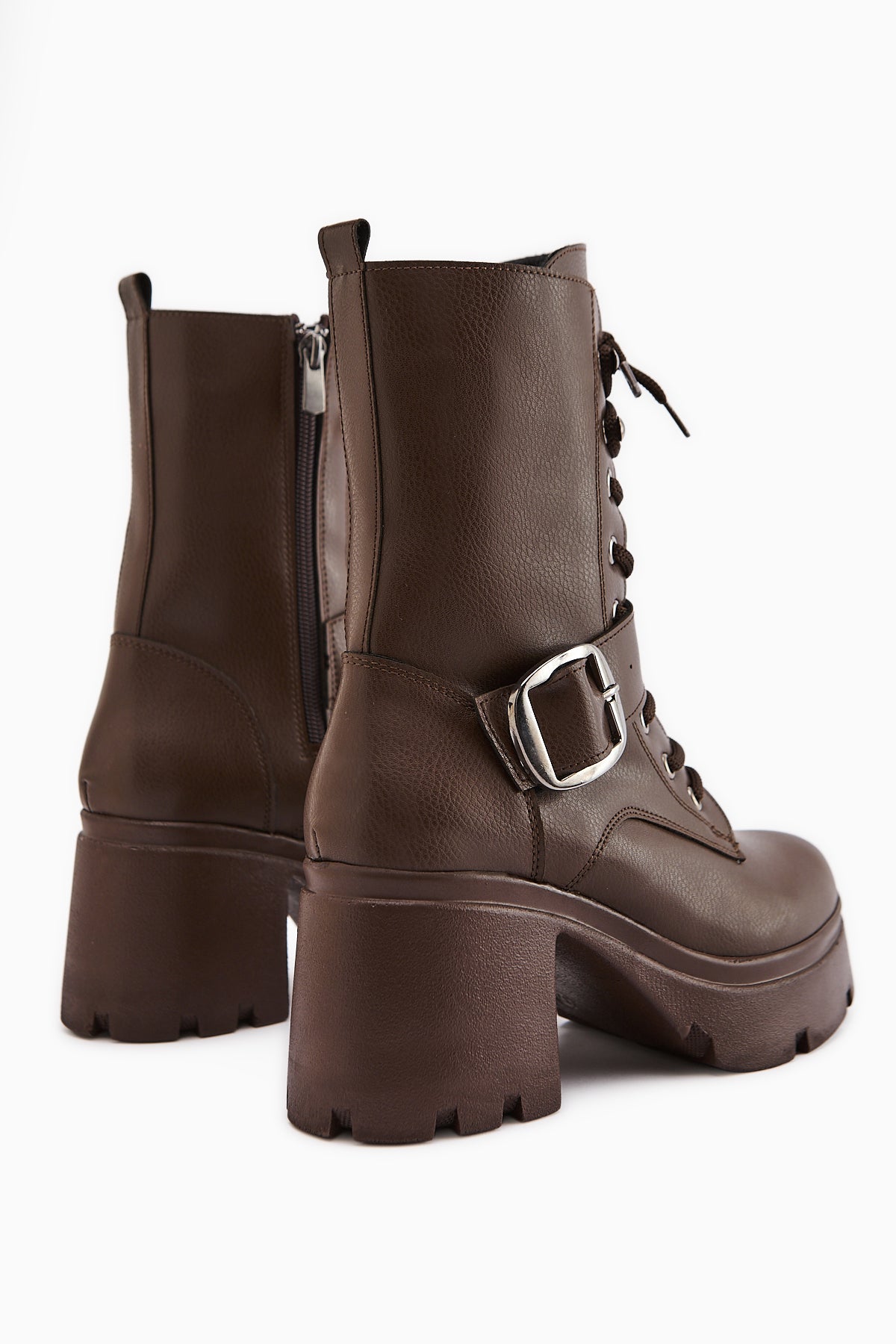 Caklin Women's Coffee Platform Heeled Boot with Belt Detail