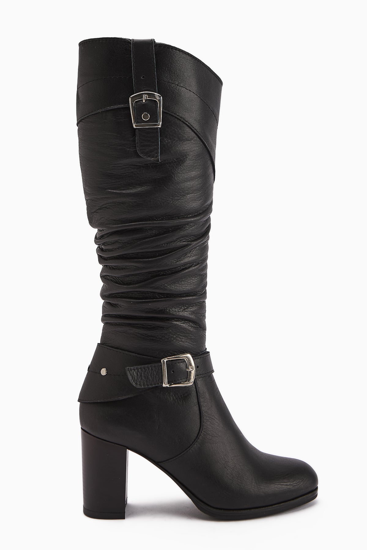Ting Genuine Leather Black Buckle Detailed Women's Heeled Boot