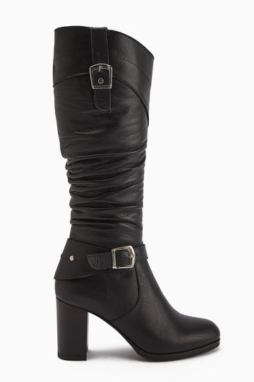Ting Genuine Leather Black Buckle Detailed Women's Heeled Boot