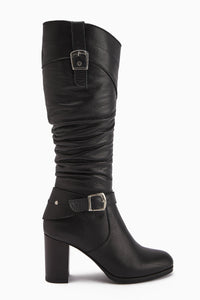 Ting Genuine Leather Black Buckle Detailed Women's Heeled Boot