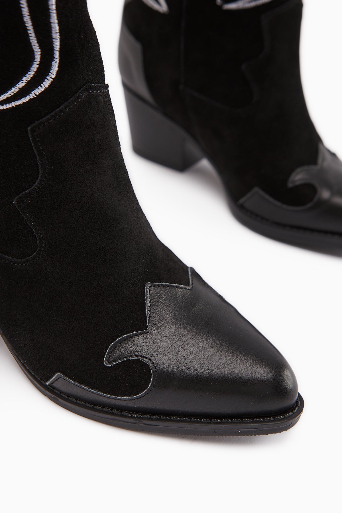 Lara Genuine Leather Black Suede Embroidered Western Boot with Leather Detail