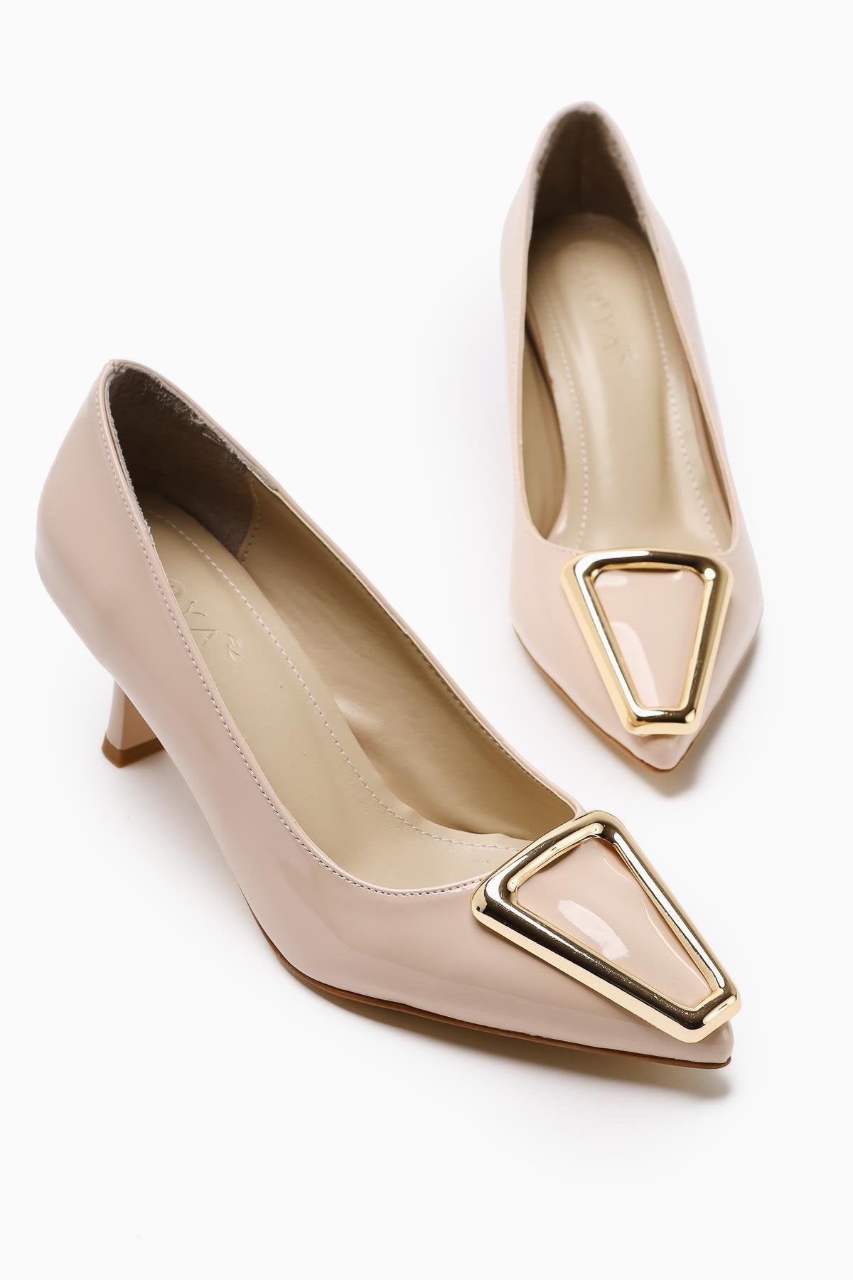 Carla Beige Patent Leather Pointed Toe Buckle Detailed Heeled Women's Shoes