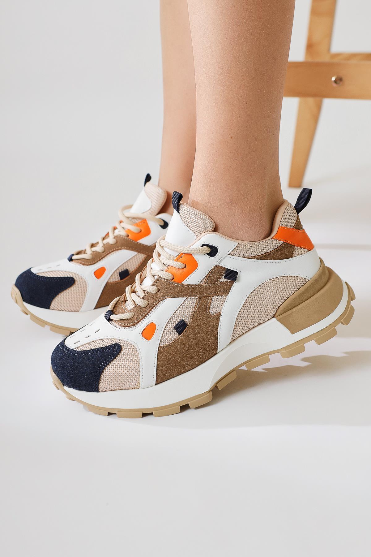 Siska Navy Blue-Cream Lace-Up High Sole Sneakers