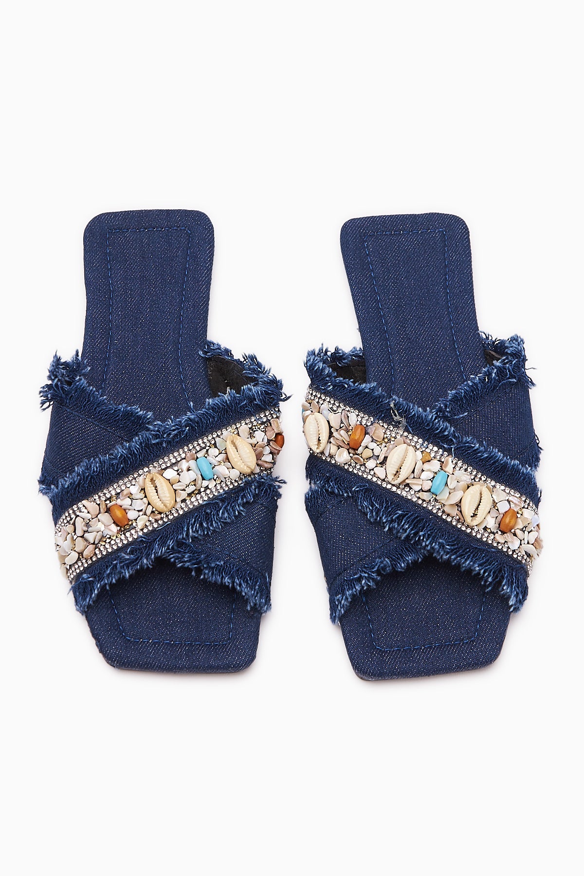 Felisa Navy Stone and Sea Shell Embellished Bohemian Women's Slippers