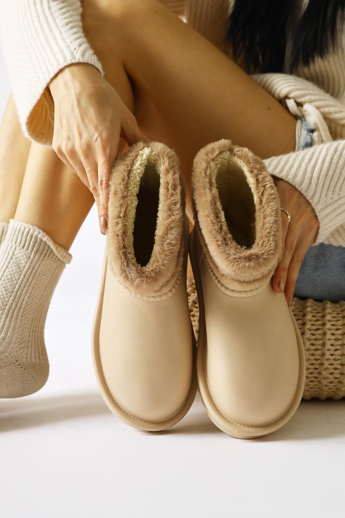 Rahela Beige Oval Toe Waterproof Fur Lined Boots