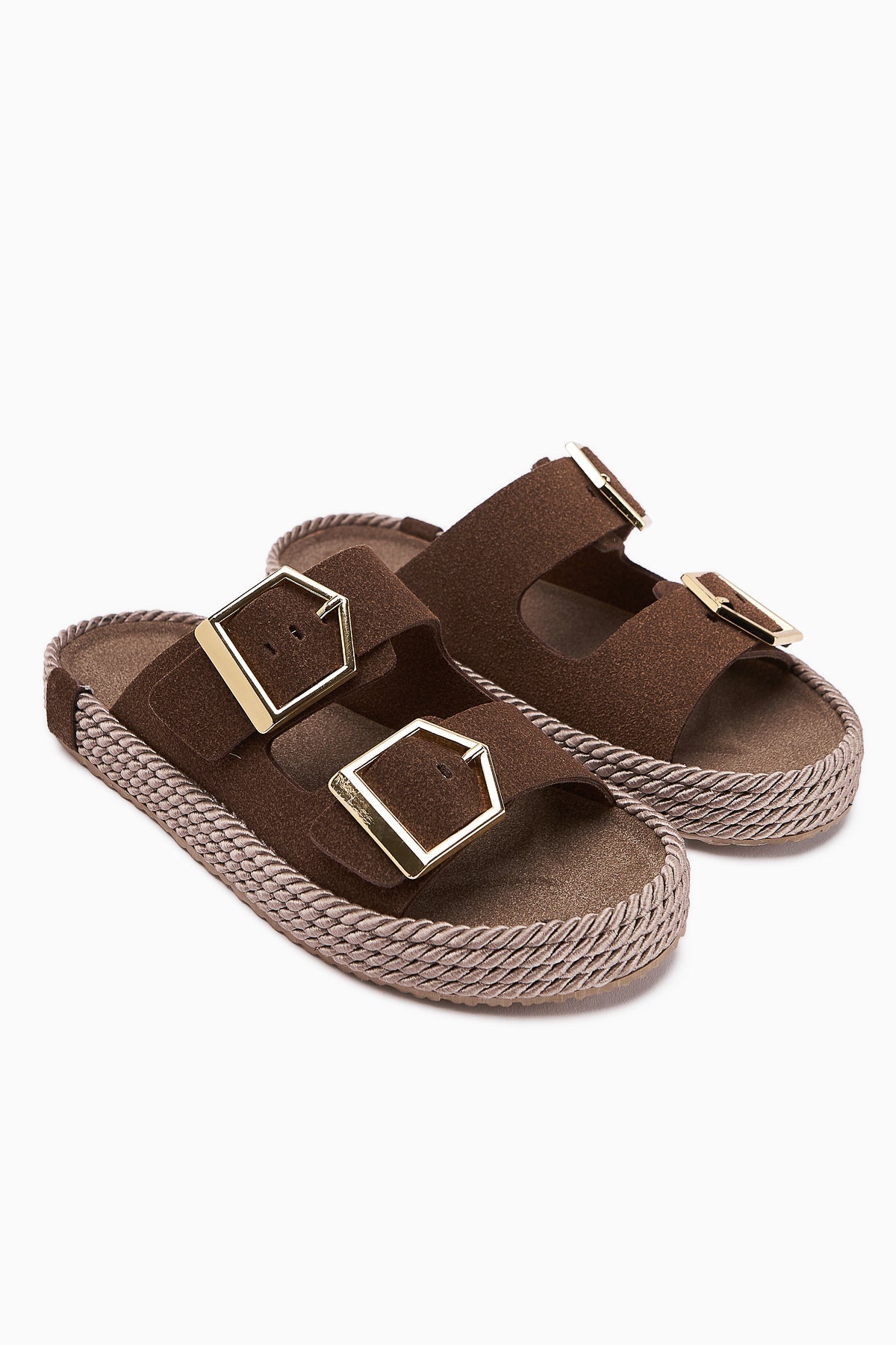 Horia Women's Double-Strap Woven Sole Slippers in Coffee