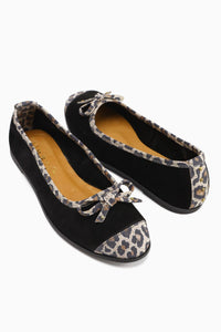Genuine Leather Alfreda Black Suede Leopard Detailed Bow Women's Ballerinas