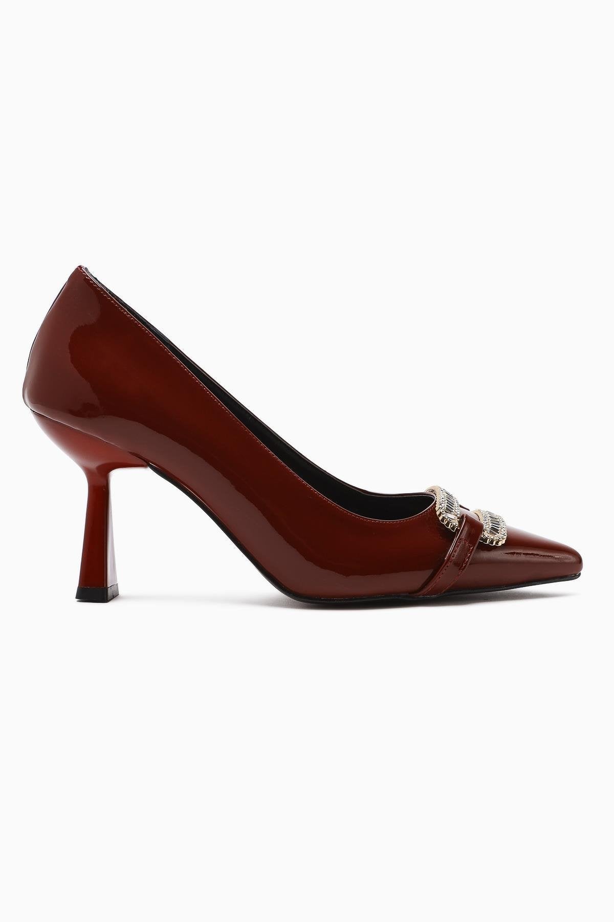 Ania Claret Red Patent Leather Pointed Toe Stone Buckle Detailed Heeled Women's Shoes