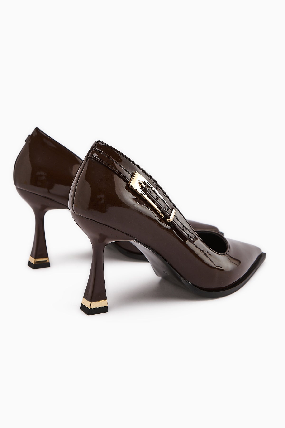 Mithra Coffee Patent Leather Pointed Toe Buckle Detailed Heeled Shoe