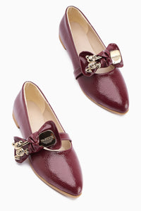 Joselin Claret Red Wrinkled Patent Leather Bow Accessory Ballerinas