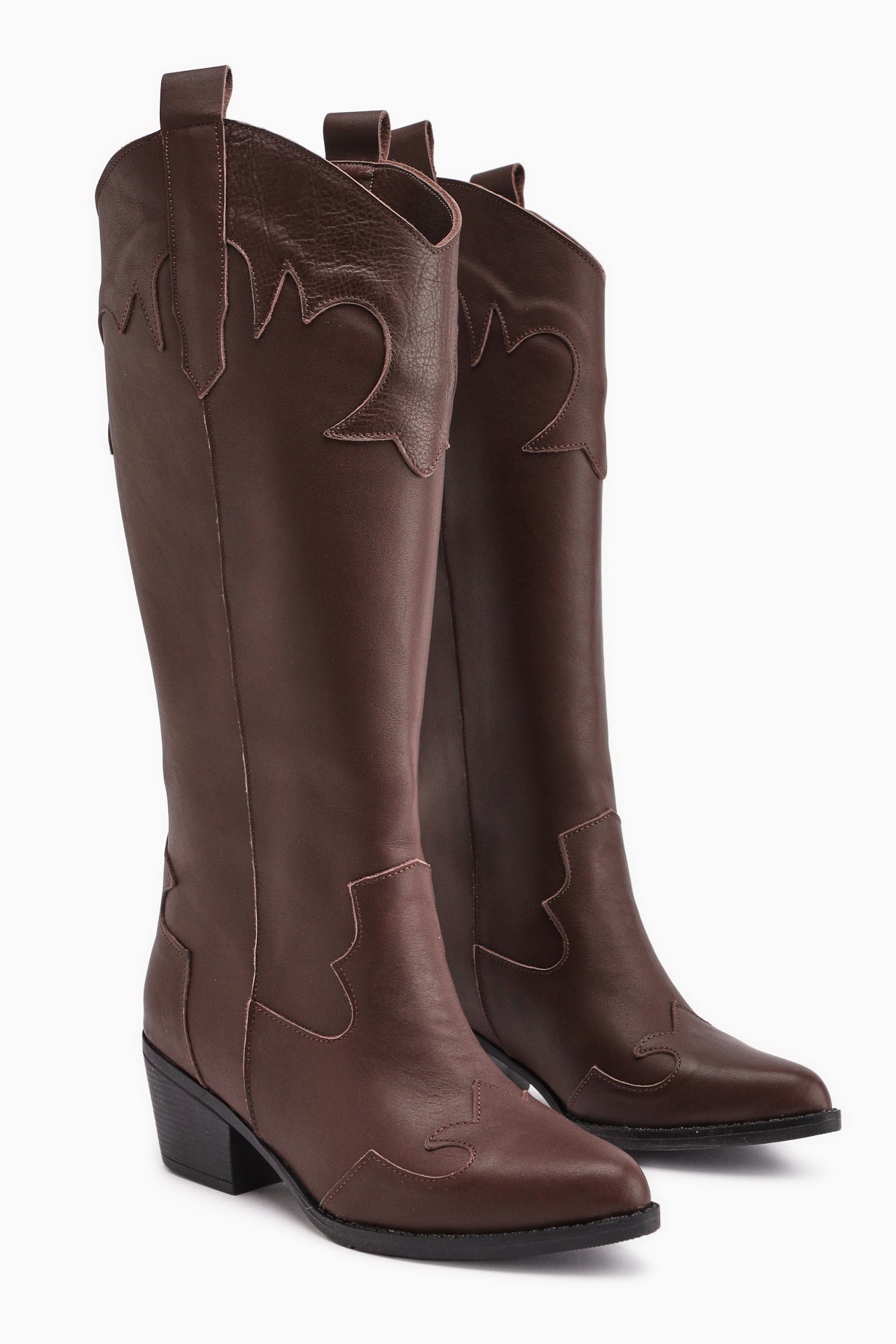 Lara – Braun Echtleder kniehoher Stiefel mit Absatz und Western-Detail (Damen)