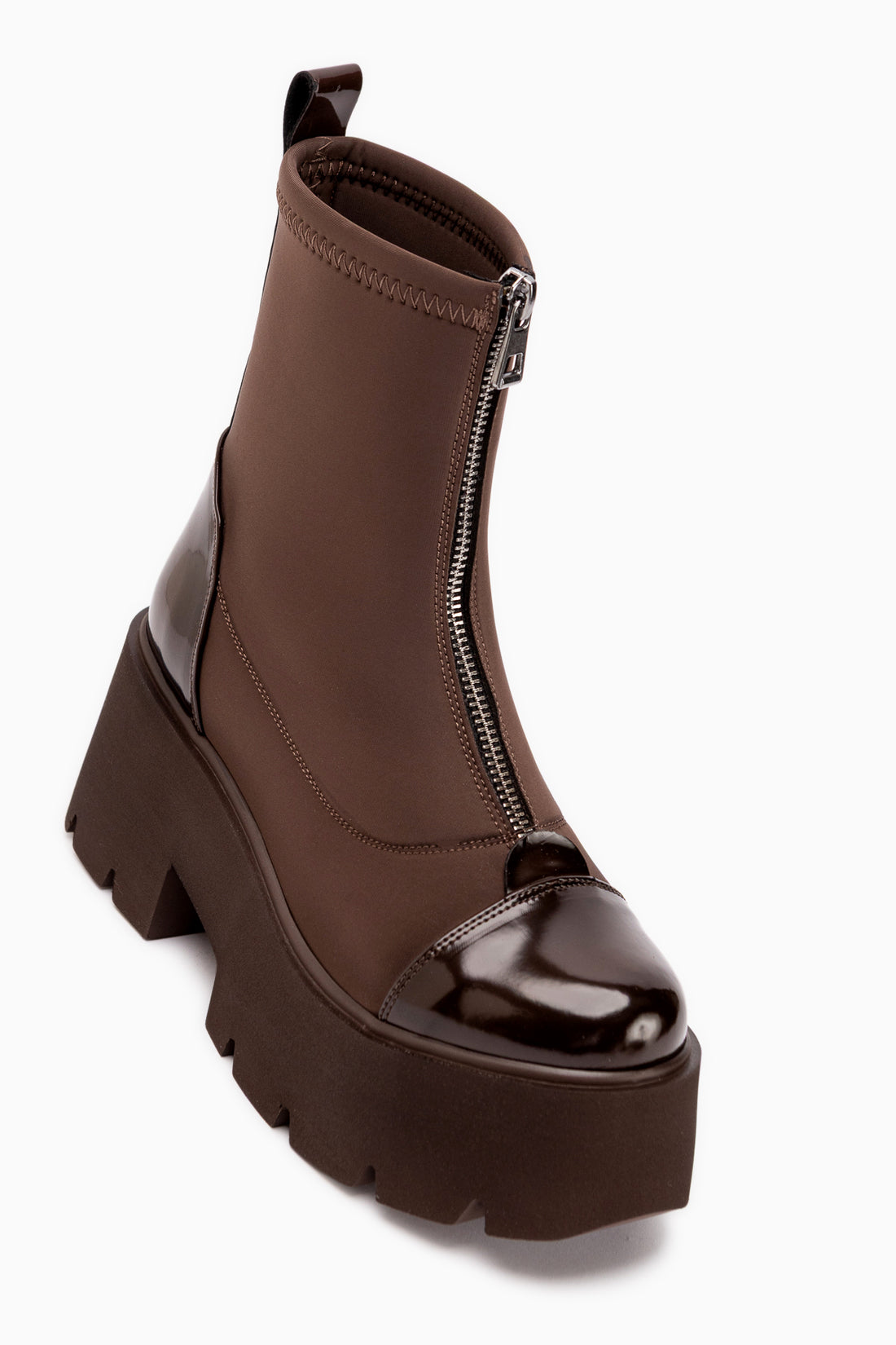 Narisa Braun Lack Vorderreißverschluss Damen Stretch Stiefel