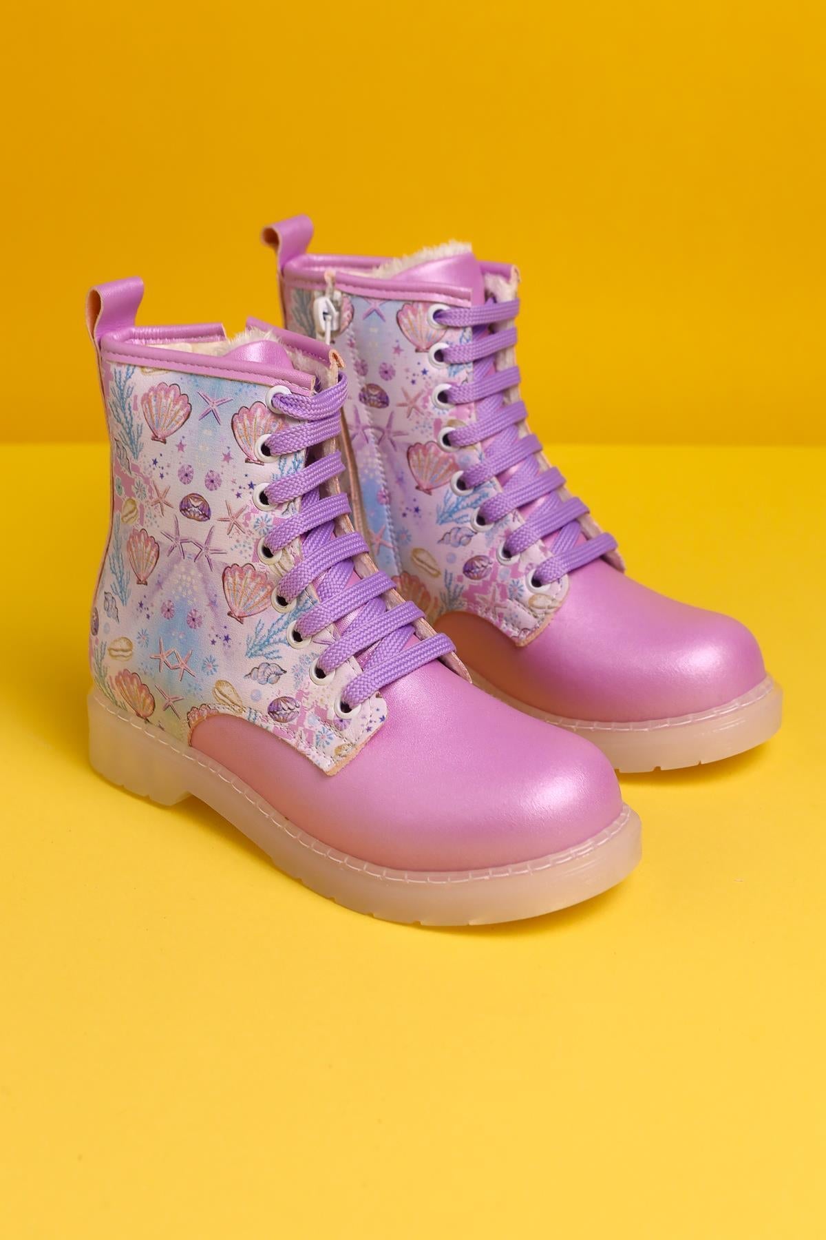 Fideli Lila Meeresleben Druck Leuchtende Schnür-Kinderstiefel